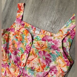 1980s French Floral Pleated Dress with Sweetheart neckline